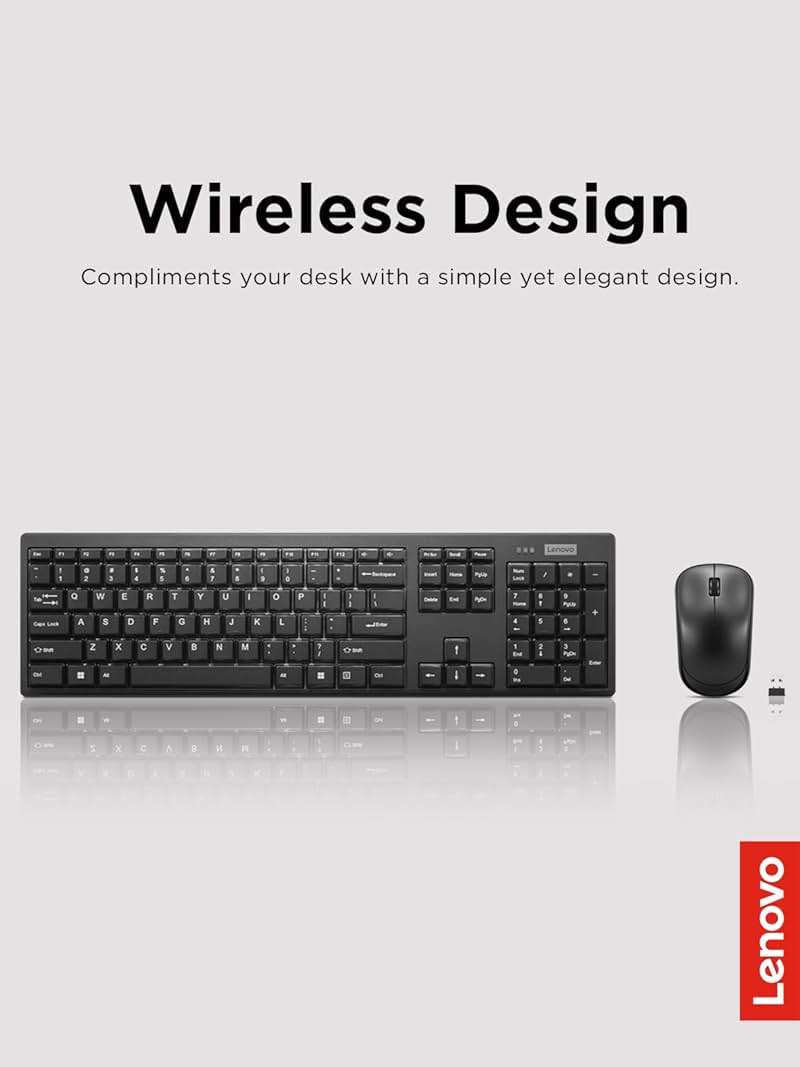 Lenovo 100 Wireless Keyboard and Mouse Combo – Cordless Set with Spill Resistant Quiet Keys – 3-Zone Keyboard - Ambidextrous Mouse – Compact Design – Wireless USB -Black - Image 4