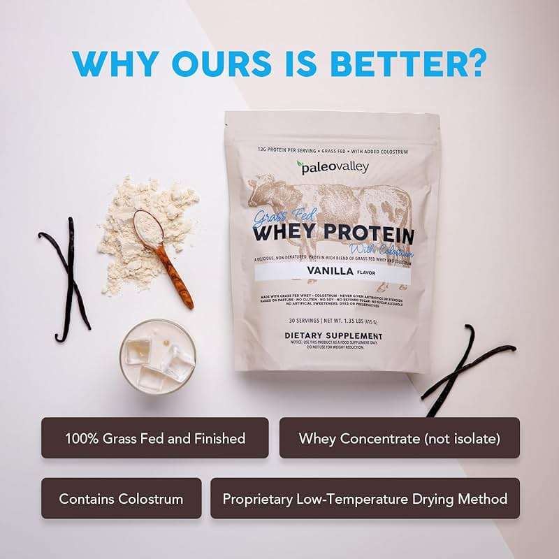 Paleovalley 100% Grassfed Whey Protein Powder with Colostrum, 30 Serving - Vanilla, 13g Protein, Muscle Building, Immune Support, Gut Health - Image 4
