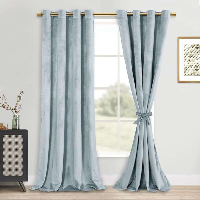 DWCN Velvet Curtains - 96 Inches Long Super Soft Luxury Tieable Window Treatments Room Darkening Privacy Protect Blackout Drapes for Bedroom Living Room Home Decor, Stone Blue, W52 x L96, 2 Panels - Image 1