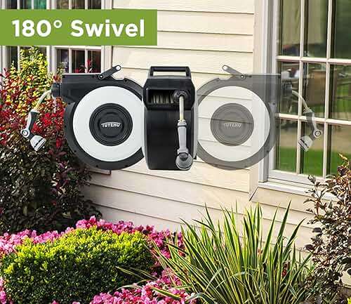 Tuyeho Retractable Garden Hose Reel 100FT, Wall Mount Heavy Duty Water Hose Reels with Automatic Slow Rewind System, Outdoor Hoses Reel with 2 Hose Nozzles for Garden Watering, Car Wash, Pet Shower - Image 2
