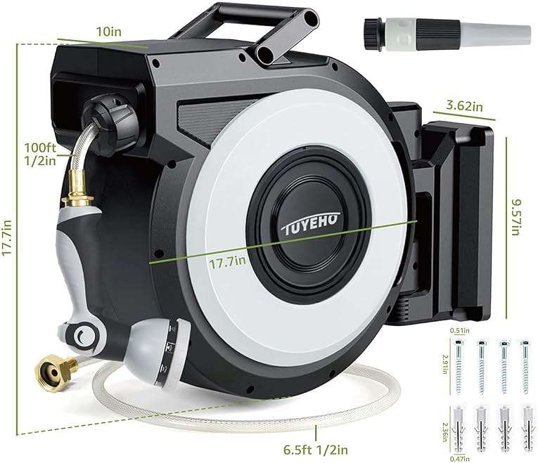 Tuyeho Retractable Garden Hose Reel 100FT, Wall Mount Heavy Duty Water Hose Reels with Automatic Slow Rewind System, Outdoor Hoses Reel with 2 Hose Nozzles for Garden Watering, Car Wash, Pet Shower - Image 3