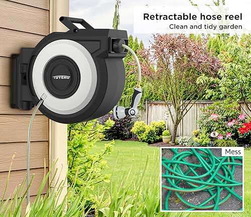 Tuyeho Retractable Garden Hose Reel 100FT, Wall Mount Heavy Duty Water Hose Reels with Automatic Slow Rewind System, Outdoor Hoses Reel with 2 Hose Nozzles for Garden Watering, Car Wash, Pet Shower - Image 6