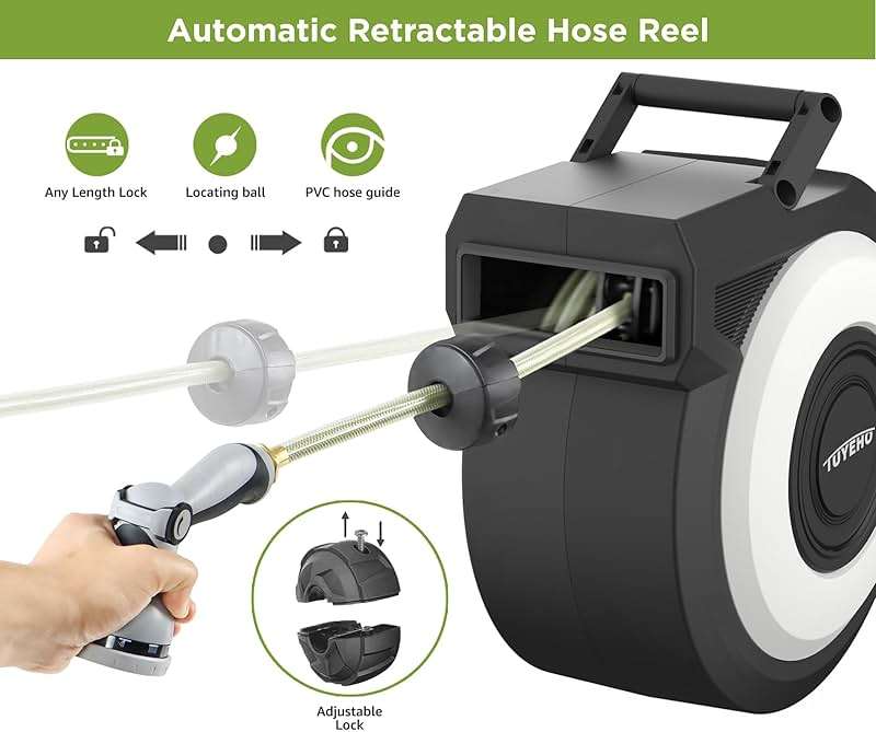 Tuyeho Retractable Garden Hose Reel 100FT, Wall Mount Heavy Duty Water Hose Reels with Automatic Slow Rewind System, Outdoor Hoses Reel with 2 Hose Nozzles for Garden Watering, Car Wash, Pet Shower - Image 7