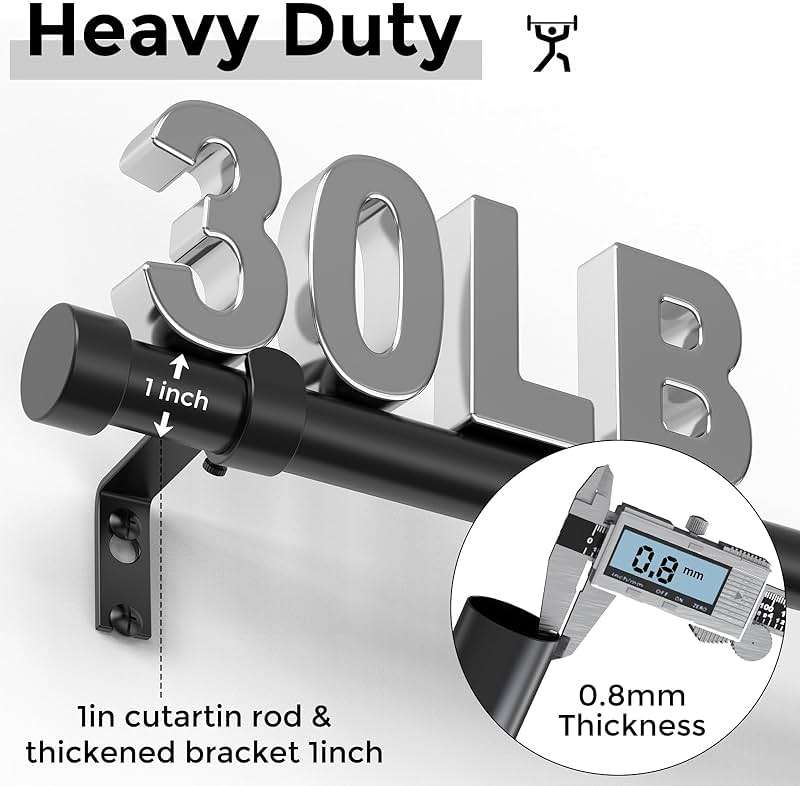 VOIIY 2 Pack Curtain Rods for Windows 48 to 84 Inch(4-7 Feet),Black 1'' Diameter Drapery Rods with End Cap Style Design,Modern Adjustable Heavy Duty Curtain Rod,Size:36''-88'' - Image 3