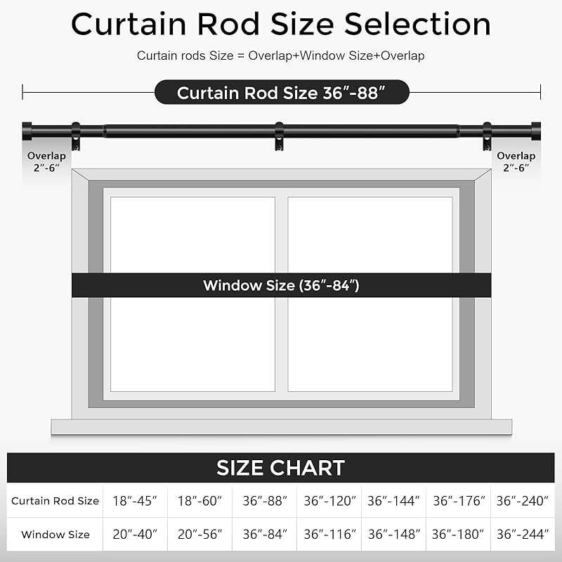 VOIIY 2 Pack Curtain Rods for Windows 48 to 84 Inch(4-7 Feet),Black 1'' Diameter Drapery Rods with End Cap Style Design,Modern Adjustable Heavy Duty Curtain Rod,Size:36''-88'' - Image 5