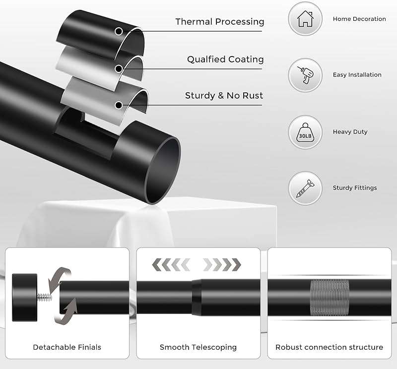 VOIIY 2 Pack Curtain Rods for Windows 48 to 84 Inch(4-7 Feet),Black 1'' Diameter Drapery Rods with End Cap Style Design,Modern Adjustable Heavy Duty Curtain Rod,Size:36''-88'' - Image 7