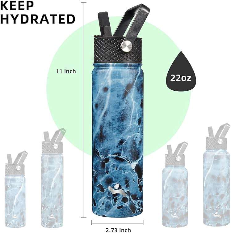 Konokyo 22oz Stainless Steel Bottles with 3 Lids Sport Insulated Water Bottle,Marble Ocean - Image 3