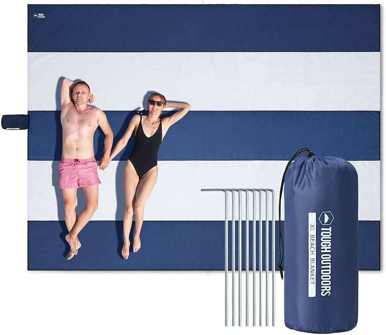Tough Outdoors Extra Large Beach Blanket Waterproof Sandproof Oversized - 11'x10' Sand Free Beach Mat for 9 Adults - Hiking, Outdoor & Beach - Navy Blue & White - Image 1
