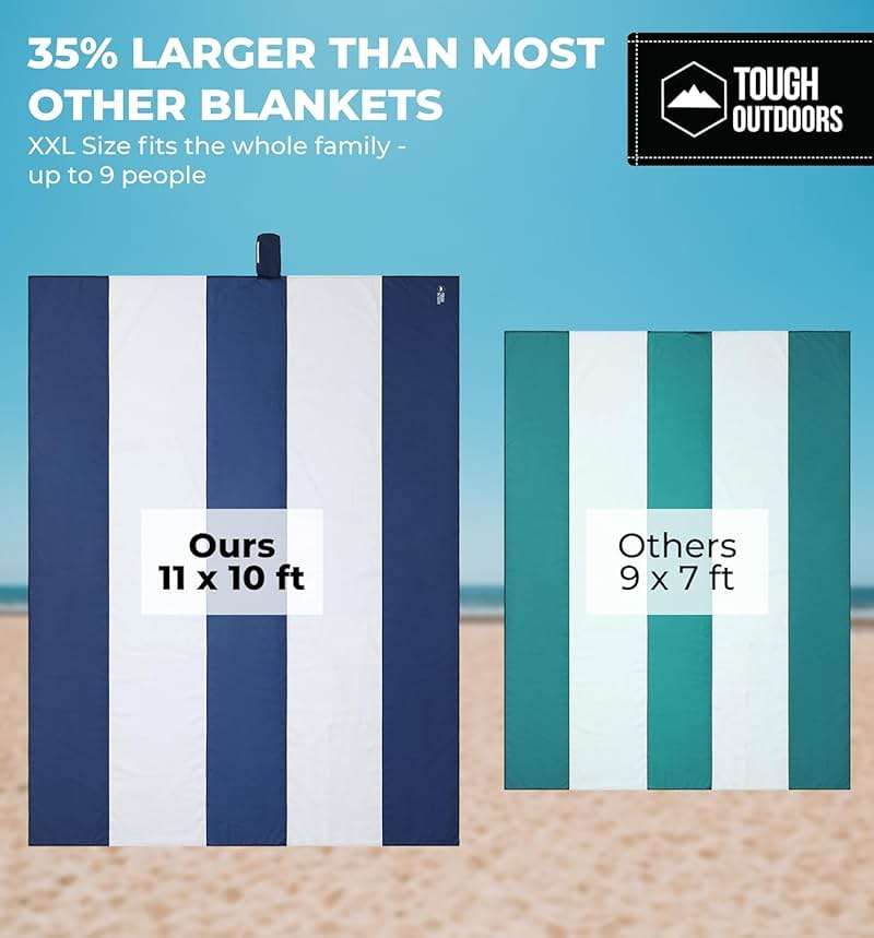 Tough Outdoors Extra Large Beach Blanket Waterproof Sandproof Oversized - 11'x10' Sand Free Beach Mat for 9 Adults - Hiking, Outdoor & Beach - Navy Blue & White - Image 2
