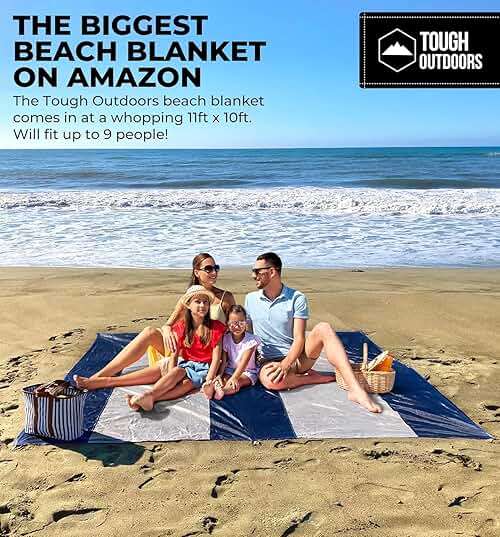Tough Outdoors Extra Large Beach Blanket Waterproof Sandproof Oversized - 11'x10' Sand Free Beach Mat for 9 Adults - Hiking, Outdoor & Beach - Navy Blue & White - Image 3