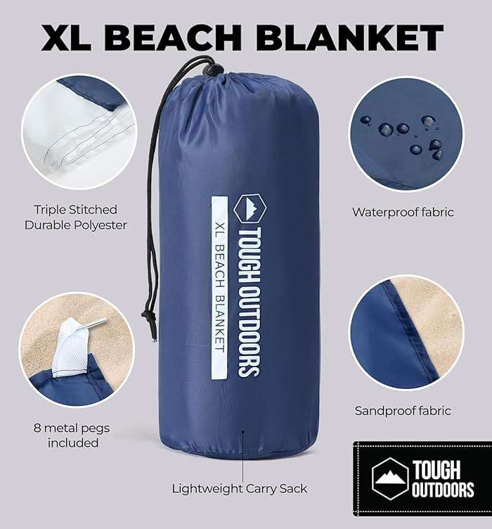 Tough Outdoors Extra Large Beach Blanket Waterproof Sandproof Oversized - 11'x10' Sand Free Beach Mat for 9 Adults - Hiking, Outdoor & Beach - Navy Blue & White - Image 4
