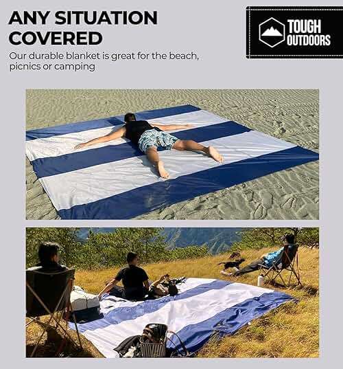 Tough Outdoors Extra Large Beach Blanket Waterproof Sandproof Oversized - 11'x10' Sand Free Beach Mat for 9 Adults - Hiking, Outdoor & Beach - Navy Blue & White - Image 6