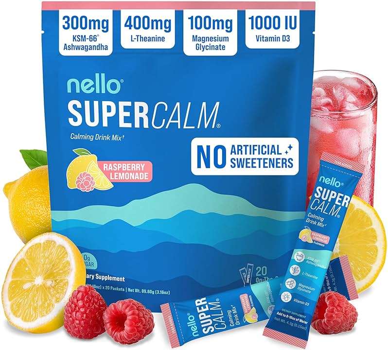 Nello Supercalm Powdered Drink Mix, Cortisol Reducer and Sleep Aid Supplement, L Theanine, Ksm-66 Ashwagandha, Magnesium Glycinate, Vitamin D 3, No Sugar, Non GMO, On The Go, 20 Ct, Raspberry Lemonade - Image 1