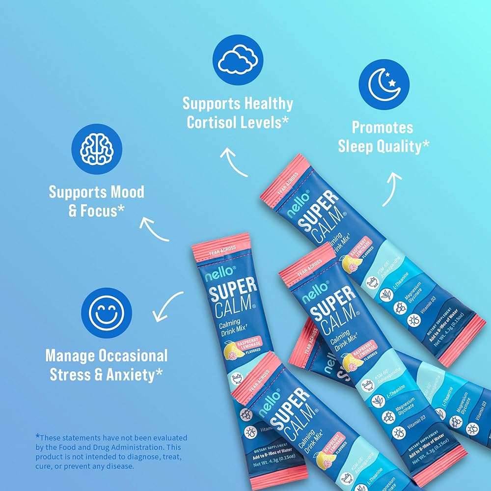 Nello Supercalm Powdered Drink Mix, Cortisol Reducer and Sleep Aid Supplement, L Theanine, Ksm-66 Ashwagandha, Magnesium Glycinate, Vitamin D 3, No Sugar, Non GMO, On The Go, 20 Ct, Raspberry Lemonade - Image 3