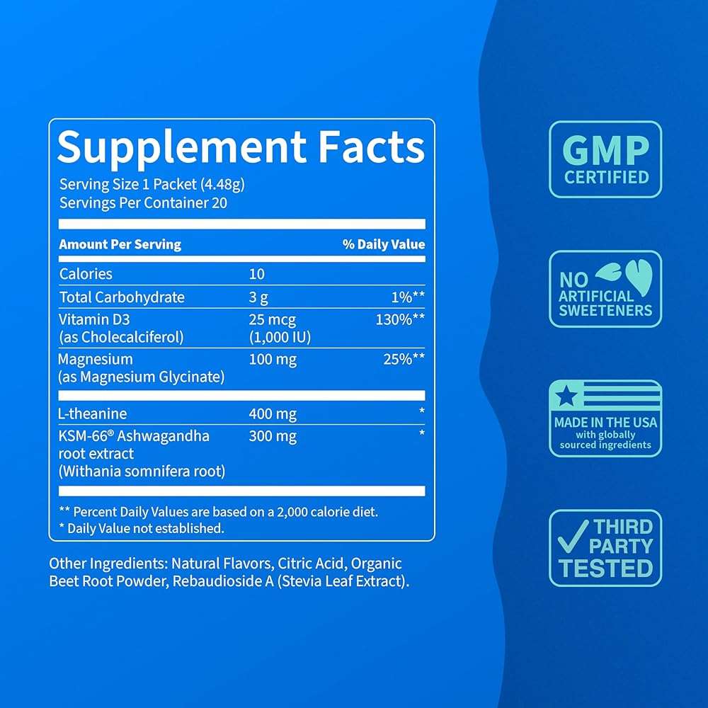 Nello Supercalm Powdered Drink Mix, Cortisol Reducer and Sleep Aid Supplement, L Theanine, Ksm-66 Ashwagandha, Magnesium Glycinate, Vitamin D 3, No Sugar, Non GMO, On The Go, 20 Ct, Raspberry Lemonade - Image 4