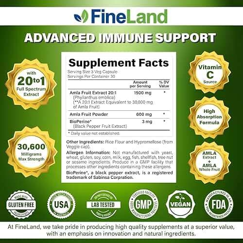 FineLand Amla (Indian Gooseberry) Full Spectrum Extract with BioPerine® for Absorption, Rich in Natural Vitamin C, Immune & Digestive Support – 90 Vegan Capsules - Image 2