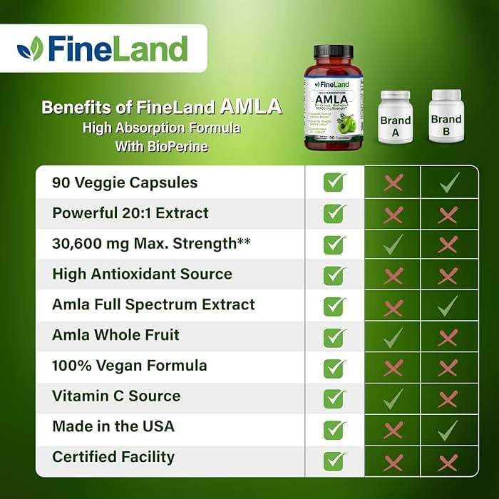 FineLand Amla (Indian Gooseberry) Full Spectrum Extract with BioPerine® for Absorption, Rich in Natural Vitamin C, Immune & Digestive Support – 90 Vegan Capsules - Image 5