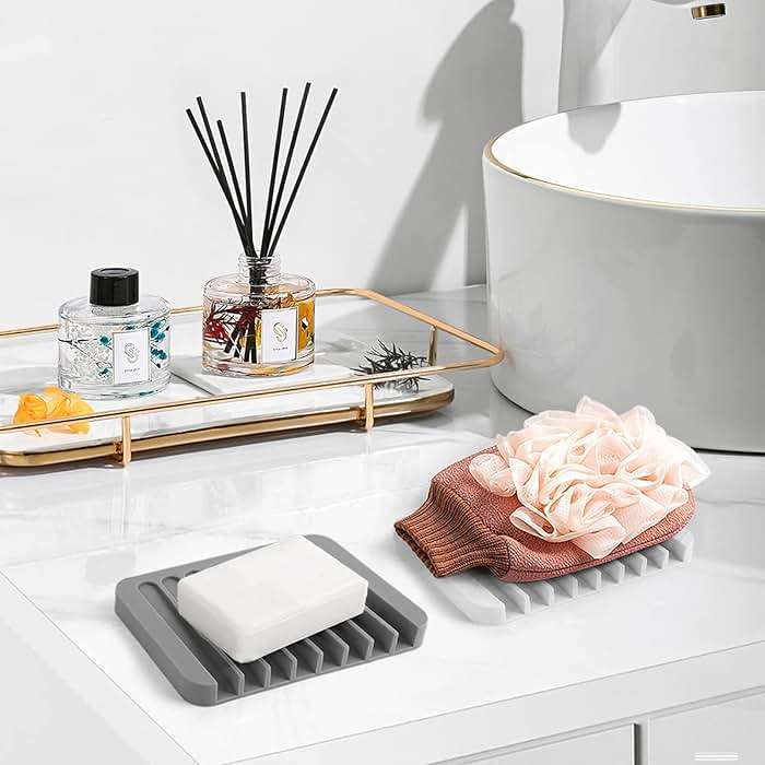 2PCS KAJUDA Self Draining Soap Dishes, Premium Silicone Soap Holder & Saver for Shower, Bathroom, Bath Tub, Razor, Sponges, Bar Soap Dish to Keep Soap Dry, Can Extend Soap Life, Easy Clean (Grey) - Image 2