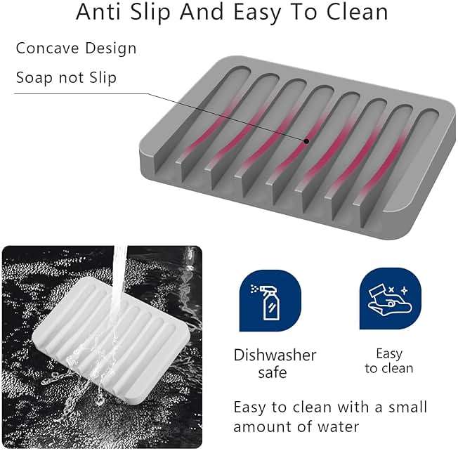 2PCS KAJUDA Self Draining Soap Dishes, Premium Silicone Soap Holder & Saver for Shower, Bathroom, Bath Tub, Razor, Sponges, Bar Soap Dish to Keep Soap Dry, Can Extend Soap Life, Easy Clean (Grey) - Image 6