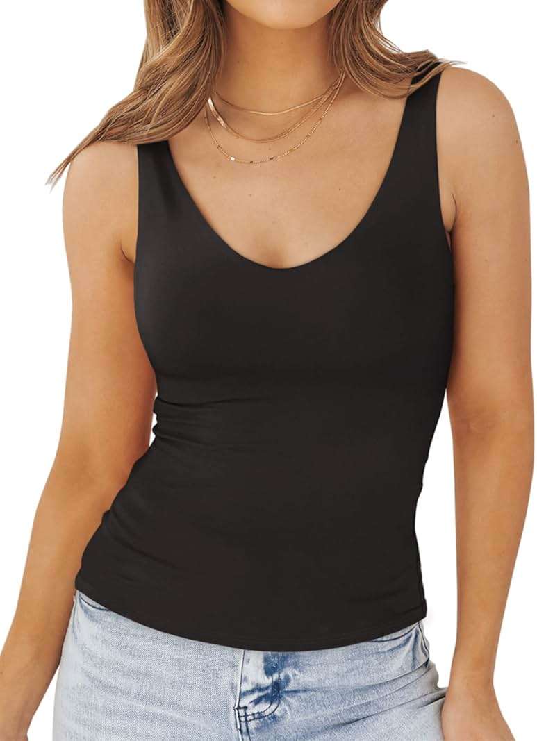 PINKMSTYLE Womens Basic Double Lined V Neck Tank Tops Slimming Workout Summer Tops Sleeveless Shirts - Image 2