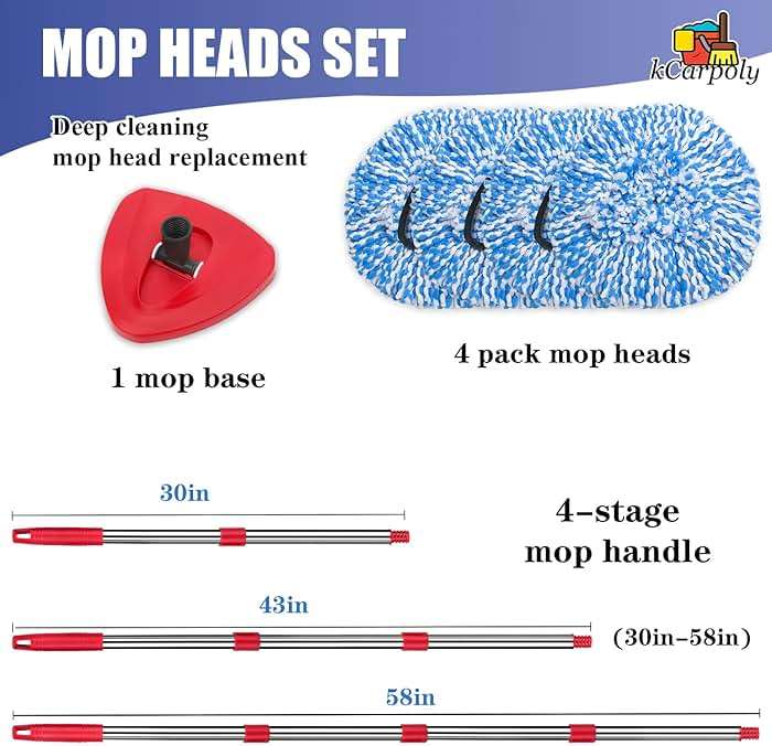 4 Pack Spin Mop Replacement Heads Compatible for O Ceda EasyWring 1-Tank Triangle System, Microfiber Mop Refills for 5.9inch Core,Deep Cleaning, Included Base and Handle - Image 7