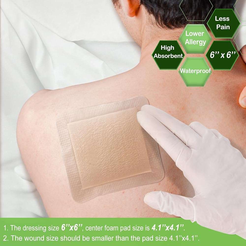Silicone Adhesive Foam Dressing with Gentle Border 6''x6'', 10 Packs for Bed Sore Leg Ulcer, High Absorbency Waterproof Silicone Wound Bandages by NeuHeils - Image 3