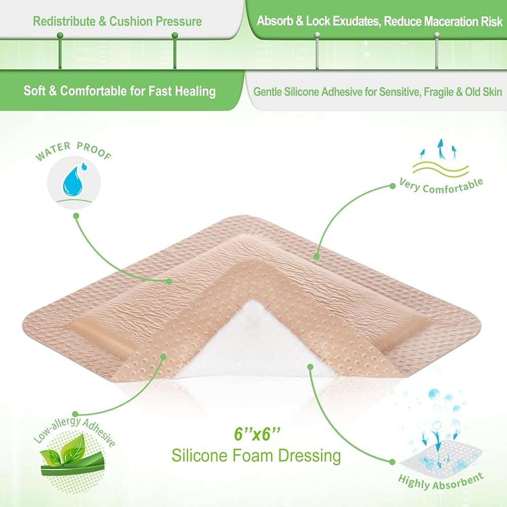 Silicone Adhesive Foam Dressing with Gentle Border 6''x6'', 10 Packs for Bed Sore Leg Ulcer, High Absorbency Waterproof Silicone Wound Bandages by NeuHeils - Image 5