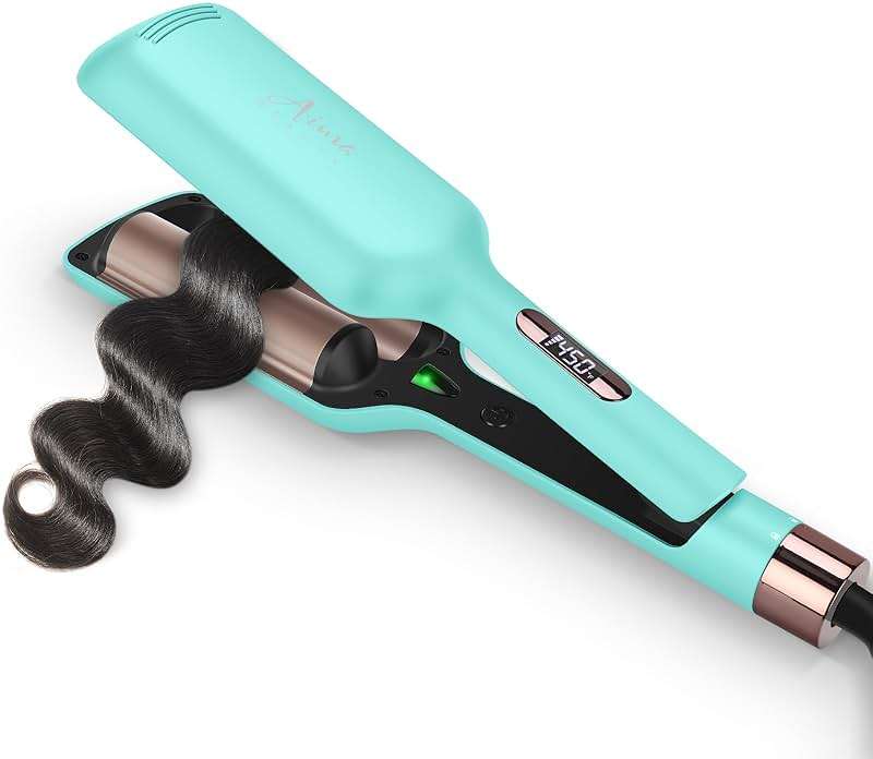32mm (1.25") Aima Beauty Twins Mermaid Waves Hair Waver, Anti-Scald 2 Barrel Curling Iron, Hair Crimper, Ionic Care Wave Iron 15S Heats Up for Short/Medium/Long Hair Light Green - Image 1
