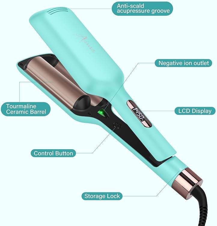 32mm (1.25") Aima Beauty Twins Mermaid Waves Hair Waver, Anti-Scald 2 Barrel Curling Iron, Hair Crimper, Ionic Care Wave Iron 15S Heats Up for Short/Medium/Long Hair Light Green - Image 7