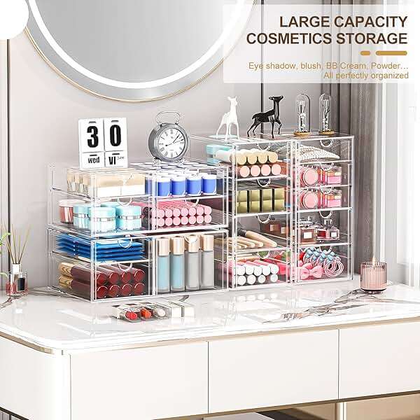 caktraie Makeup Organizer Storage With 16 Drawers, 4 Pcs Desktop Office Supplies, Desk Organizers, Clear Accessories, Dustproof Storage Drawer and for Make Up, Jewelry, Pen, Stationary - Image 3
