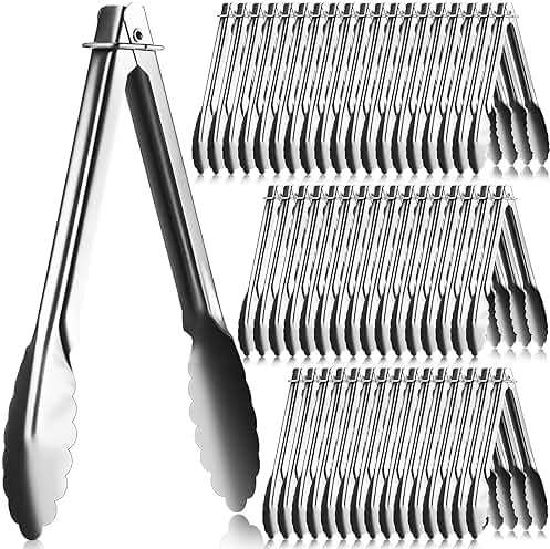 Seewey Set of 50 Stainless Steel Serving Tongs 7 Inch Cooking Clamps with Sliding Rings Small Clam Shell Metal Non Slip Food Tongs for Kitchen Salad Buffet Grill Barbecue Appetizers, Silver - Image 1