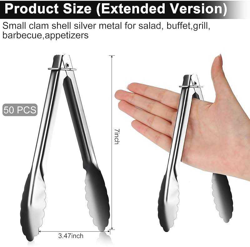 Seewey Set of 50 Stainless Steel Serving Tongs 7 Inch Cooking Clamps with Sliding Rings Small Clam Shell Metal Non Slip Food Tongs for Kitchen Salad Buffet Grill Barbecue Appetizers, Silver - Image 3