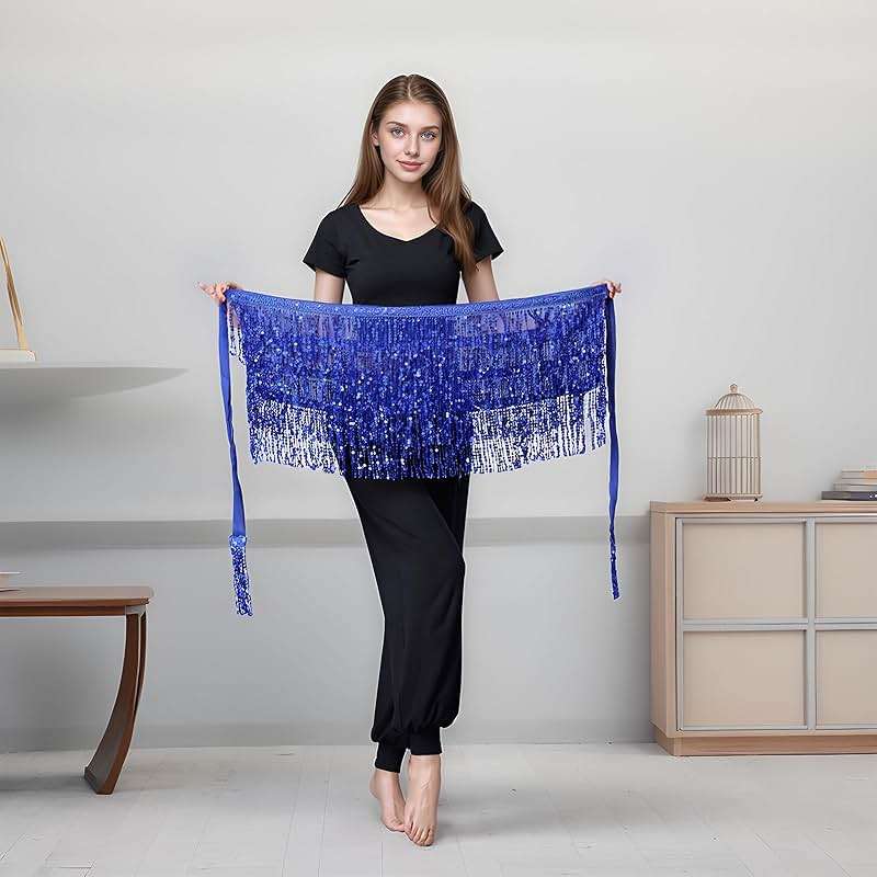 Belly Dance Hip Scarf Sequin Tassel Skirt Wrap Sparkly Rave Costume for Women - Image 5