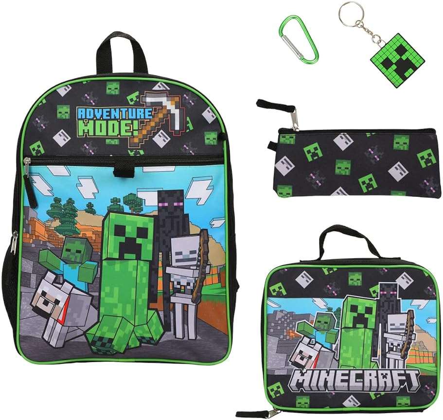 BIOWORLD Unisex Minecraft Adventure Mode 5-Piece Backpack set (Little Kid/Big Kid), Green, One size - Image 1
