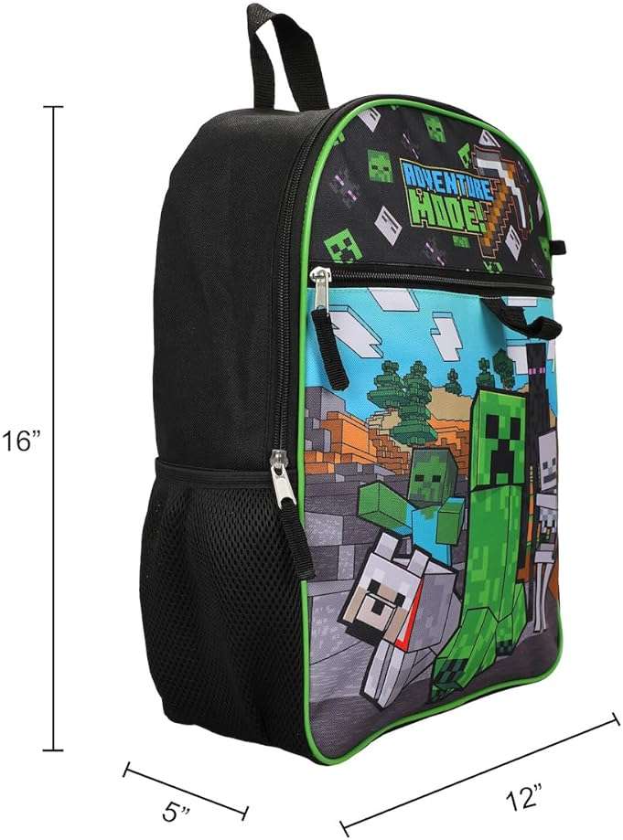 BIOWORLD Unisex Minecraft Adventure Mode 5-Piece Backpack set (Little Kid/Big Kid), Green, One size - Image 2