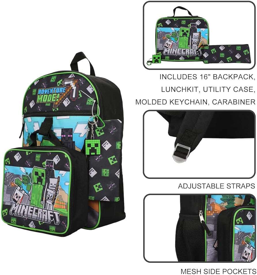 BIOWORLD Unisex Minecraft Adventure Mode 5-Piece Backpack set (Little Kid/Big Kid), Green, One size - Image 4