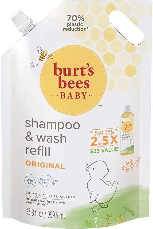 Burt's Bees Baby Shampoo and Baby Wash Refill, Original, Plant-Based Formula, Tear-Free, Pediatrician-Tested, Natural Origin, Gently Cleans Sensitive Skin and Hair, 33.8 Fl Oz - Image 11