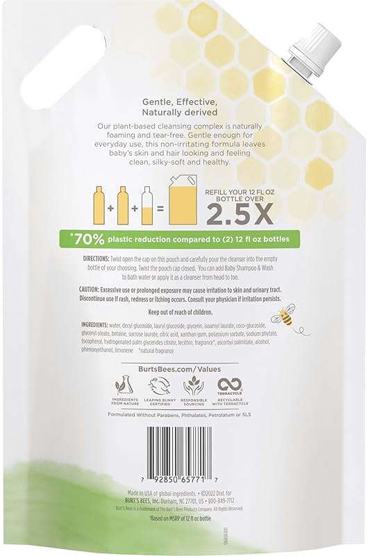 Burt's Bees Baby Shampoo and Baby Wash Refill, Original, Plant-Based Formula, Tear-Free, Pediatrician-Tested, Natural Origin, Gently Cleans Sensitive Skin and Hair, 33.8 Fl Oz - Image 12