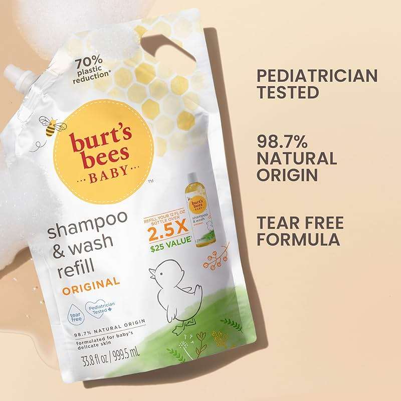 Burt's Bees Baby Shampoo and Baby Wash Refill, Original, Plant-Based Formula, Tear-Free, Pediatrician-Tested, Natural Origin, Gently Cleans Sensitive Skin and Hair, 33.8 Fl Oz - Image 5