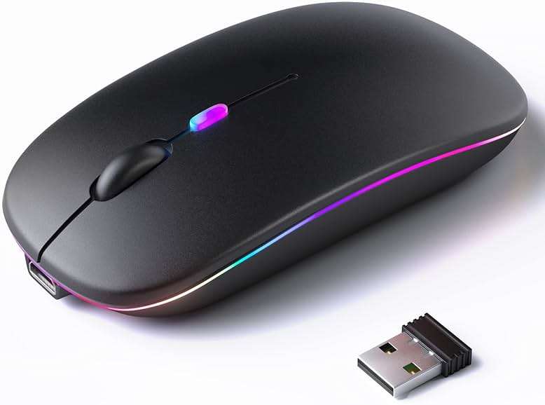 KANMABPC Wireless Bluetooth Mouse – Rechargeable, Silent, Dual Mode (Bluetooth 5.2 & USB) with LED Lights – Portable for Laptop, Desktop, & Tablet(Black) - Image 1
