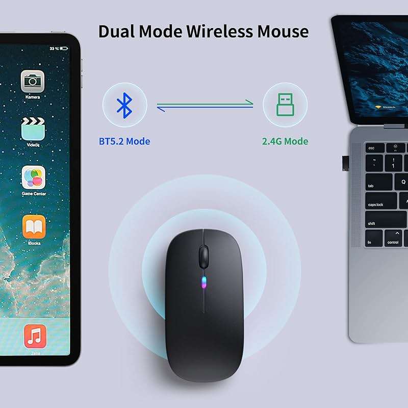 KANMABPC Wireless Bluetooth Mouse – Rechargeable, Silent, Dual Mode (Bluetooth 5.2 & USB) with LED Lights – Portable for Laptop, Desktop, & Tablet(Black) - Image 4
