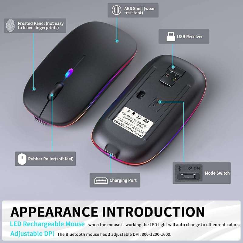 KANMABPC Wireless Bluetooth Mouse – Rechargeable, Silent, Dual Mode (Bluetooth 5.2 & USB) with LED Lights – Portable for Laptop, Desktop, & Tablet(Black) - Image 7