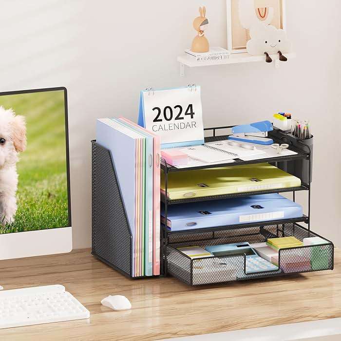OPNICE Desk Organizer, 4-Tier Desktop File Organizer with Drawer and 2 Pen Holders, Office Desk Accessories, File Sorters, Workspace Organizers for Office Supplies(Black) - Image 2