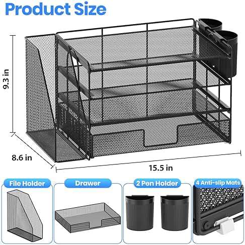 OPNICE Desk Organizer, 4-Tier Desktop File Organizer with Drawer and 2 Pen Holders, Office Desk Accessories, File Sorters, Workspace Organizers for Office Supplies(Black) - Image 3