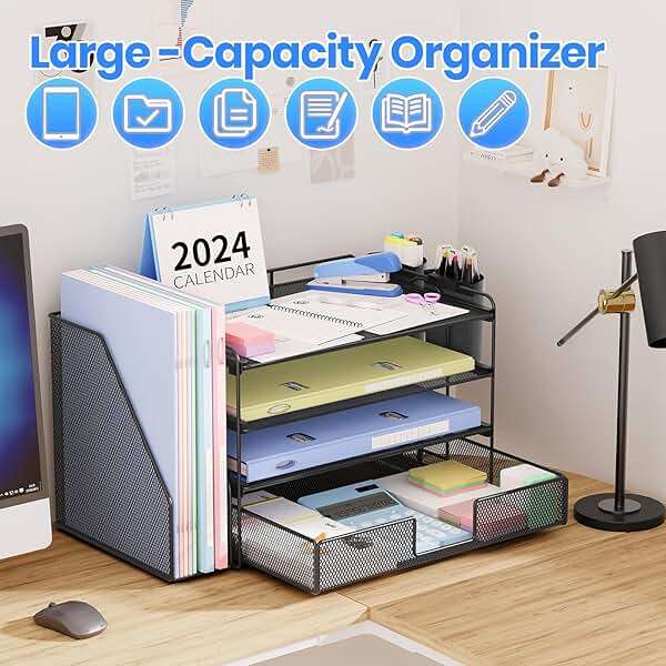 OPNICE Desk Organizer, 4-Tier Desktop File Organizer with Drawer and 2 Pen Holders, Office Desk Accessories, File Sorters, Workspace Organizers for Office Supplies(Black) - Image 4