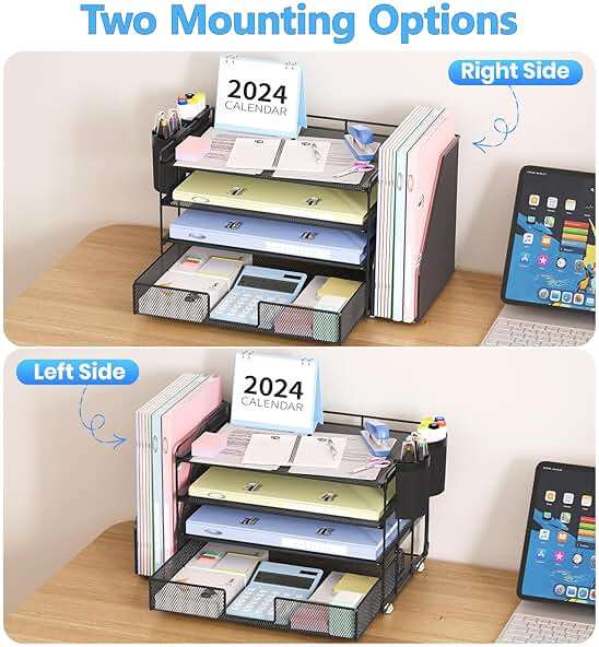 OPNICE Desk Organizer, 4-Tier Desktop File Organizer with Drawer and 2 Pen Holders, Office Desk Accessories, File Sorters, Workspace Organizers for Office Supplies(Black) - Image 5