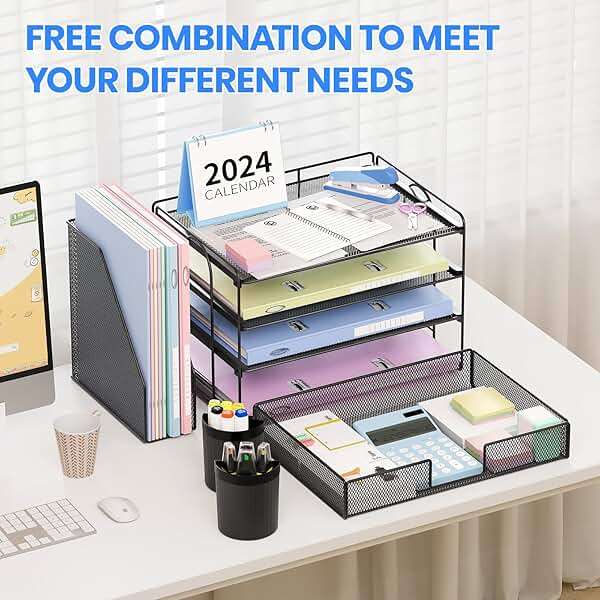 OPNICE Desk Organizer, 4-Tier Desktop File Organizer with Drawer and 2 Pen Holders, Office Desk Accessories, File Sorters, Workspace Organizers for Office Supplies(Black) - Image 6