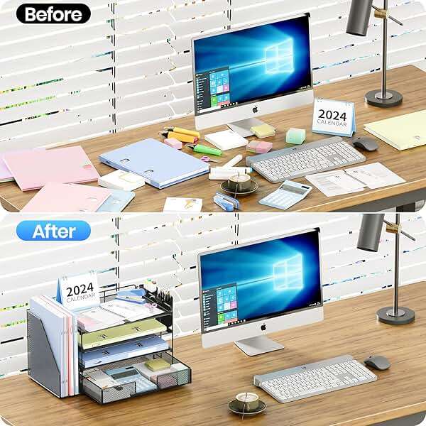 OPNICE Desk Organizer, 4-Tier Desktop File Organizer with Drawer and 2 Pen Holders, Office Desk Accessories, File Sorters, Workspace Organizers for Office Supplies(Black) - Image 8