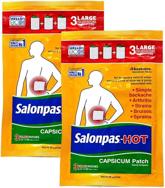 Salonpas Pain Relieving HOT Capsicum Patch, 3 Count per Pack Pack, for Back, Neck, Shoulder, Knee Pain and Muscle Soreness, 8 Hour Pain Relief Pack of 2 - Image 1