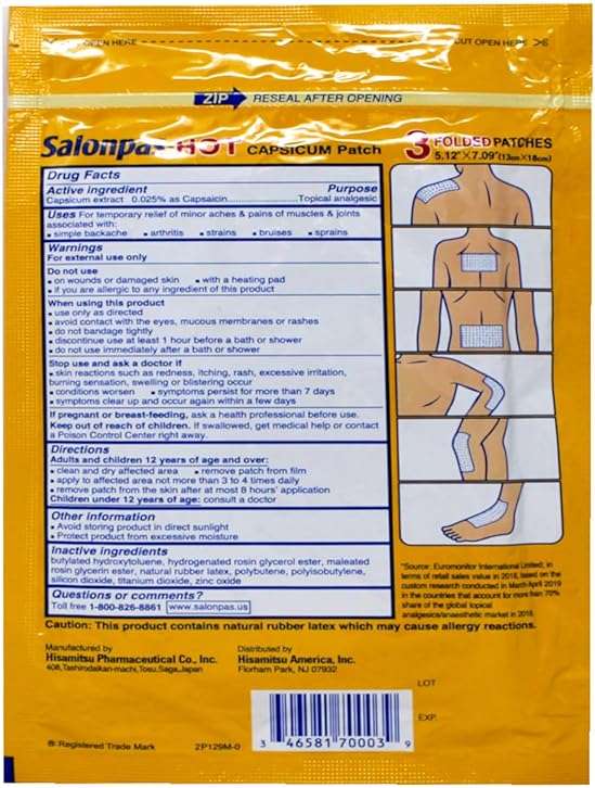 Salonpas Pain Relieving HOT Capsicum Patch, 3 Count per Pack Pack, for Back, Neck, Shoulder, Knee Pain and Muscle Soreness, 8 Hour Pain Relief Pack of 2 - Image 3